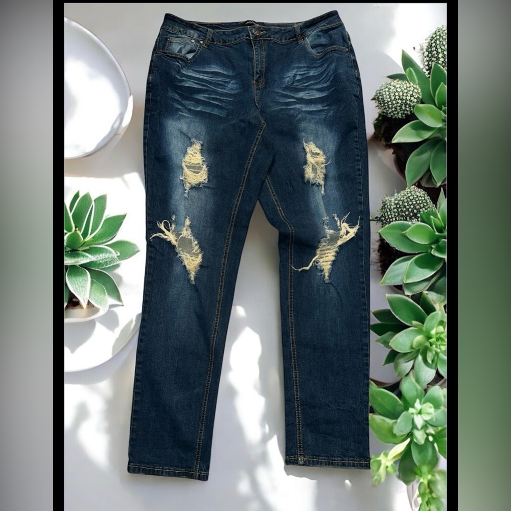 Ashley Stewart Distressed Straight Leg Jeans Dark Wash Blue